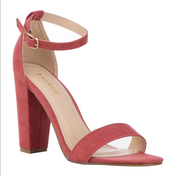 BAMBOO Shoes - BLOCK HEEL Dark coral pink/dark mauve faux suede Bamboo ankle strap heel sandals